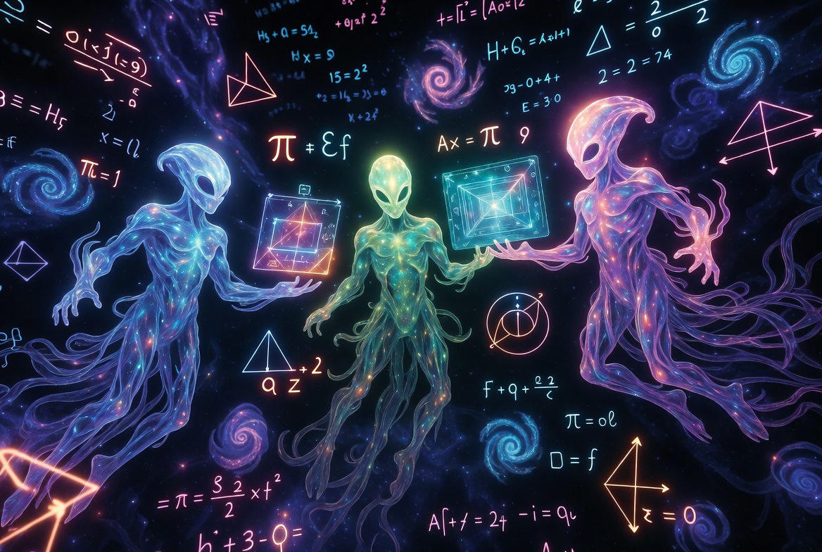 Three luminous minds exchanging mathematics in a shared field